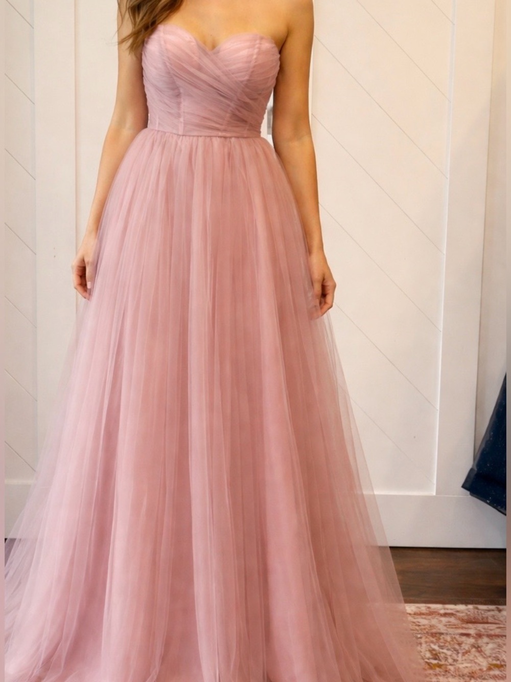 Faereisty Dusty Rose Tulle Maxi Dress Tie Back Strapless Romantic Formal Size M
